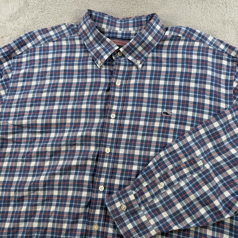 Vineyard Vines Shirt Mens 2XL Blue Plaid Whale Long Sleeve Button Down Cotton